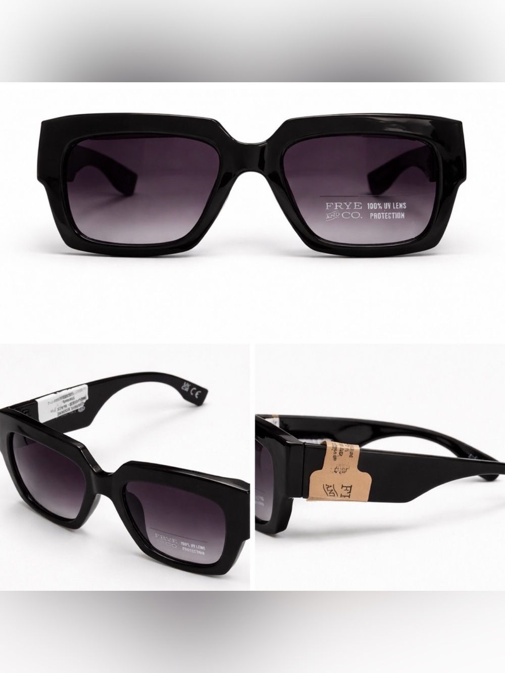 NWT Frye & Co Black Oversized Square Sunglasses DG0921 Retro Chunky Sunnies